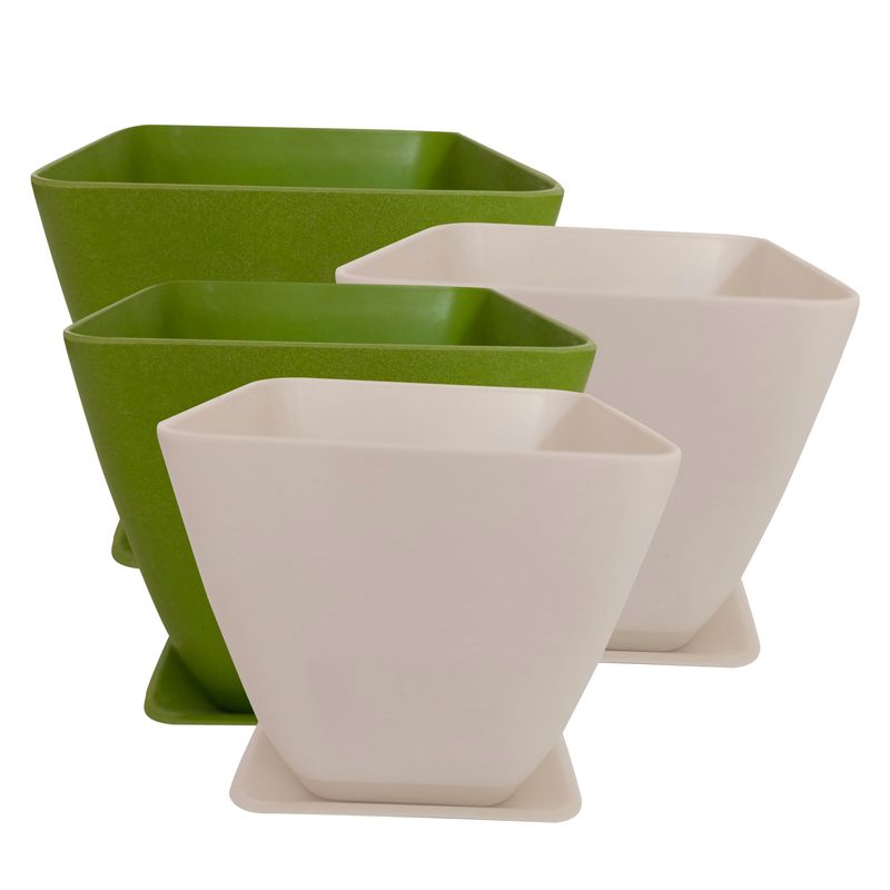 DECOGREEN - SET DE  4 MACETAS BAMBOO BIO CON PLATO CUADRADO 2 VERDE 2 BLANCOS