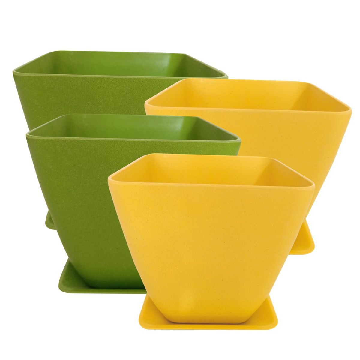 DECOGREEN - SET 4 MACETAS/ PLATO BIODEGRADABLE BAMBOO CUADRADO2 VERDE 2 AMARILLO