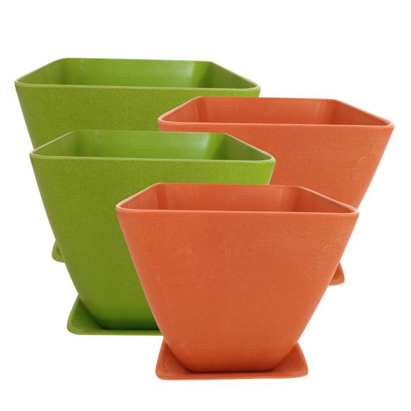 DECOGREEN - SET DE 4 MACETAS BIODEGRADABLE CON PLATO CUADRADO 2 VERDES 2 NARANJAS