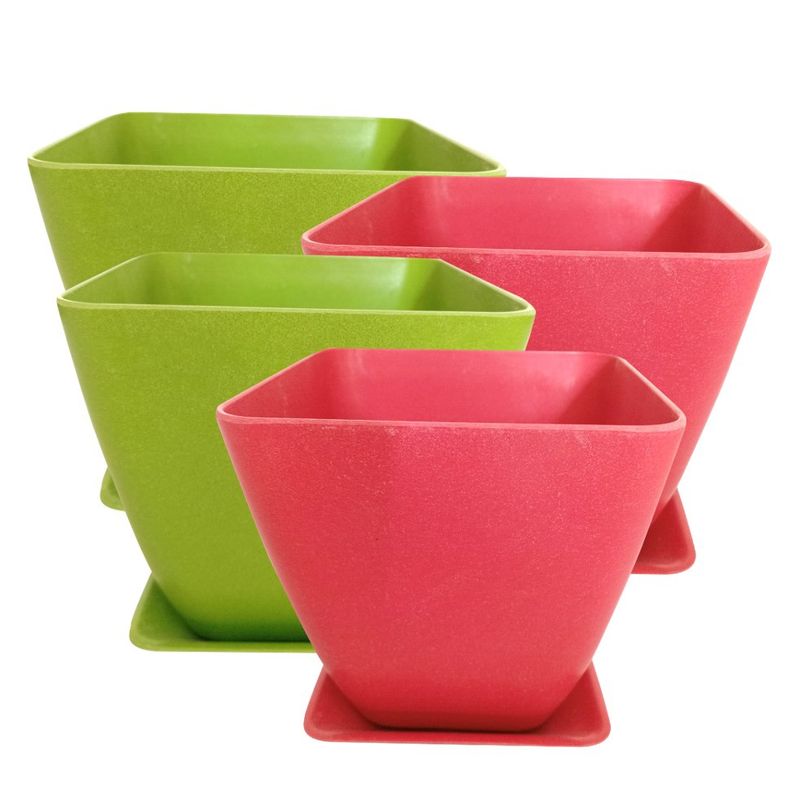 DECOGREEN - SET DE 4 MACETAS BIODEGRADABLES CON PLATO CUADRADO 2 VERDES 2 CORAL