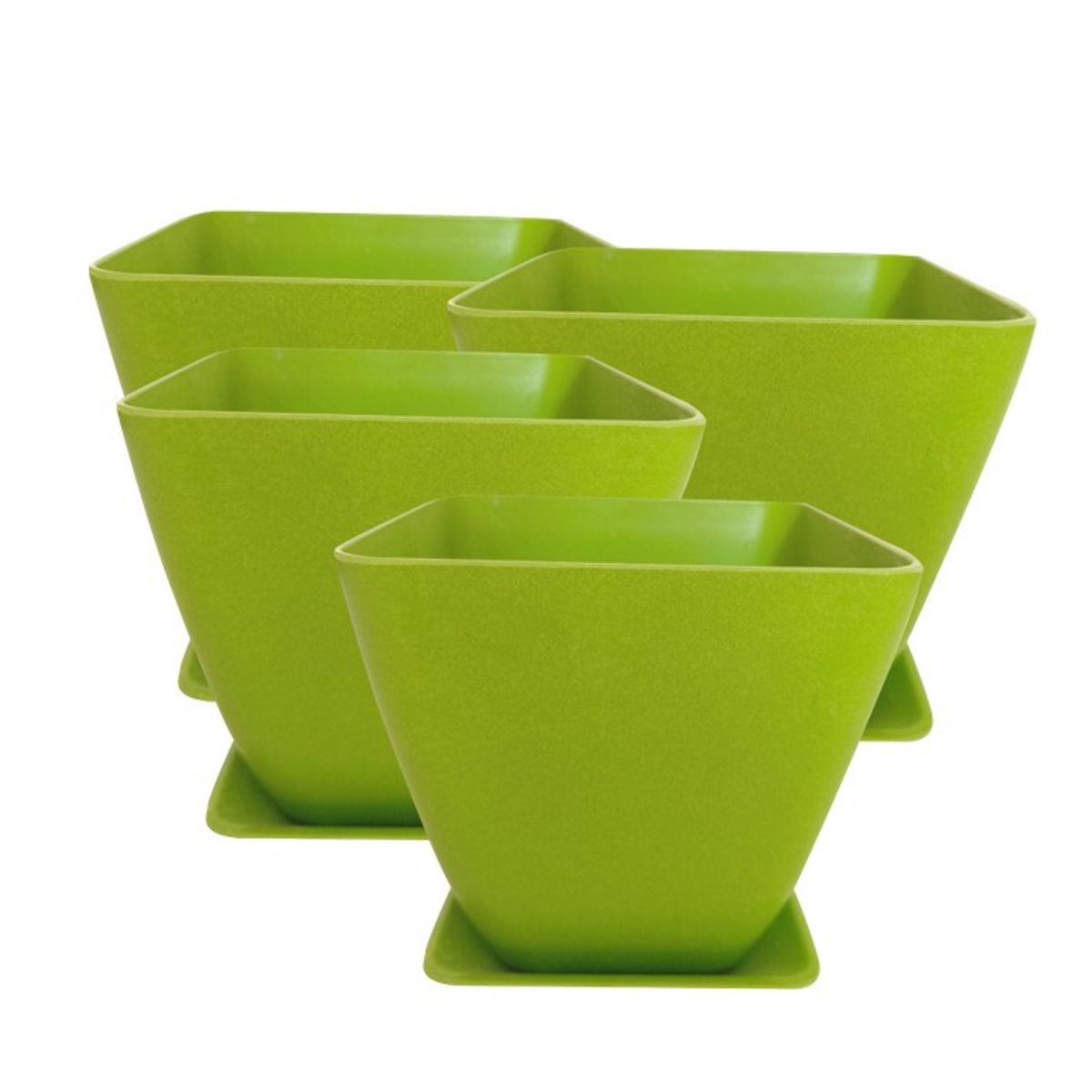 DECOGREEN - SET 4 MACETAS BIODEGRADABLES CON PLATO CUADRADO VERDE.