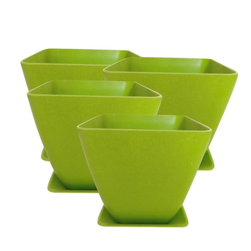 DECOGREEN - SET 4 MACETAS BIODEGRADABLES CON PLATO CUADRADO VERDE