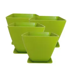 DECOGREEN - SET 4 MACETAS BIODEGRADABLES CON PLATO CUADRADO VERDE.