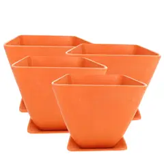 DECOGREEN - SET DE 4 MACETAS BIODEGRADABLES CON PLATO CUADRADO NARANJO