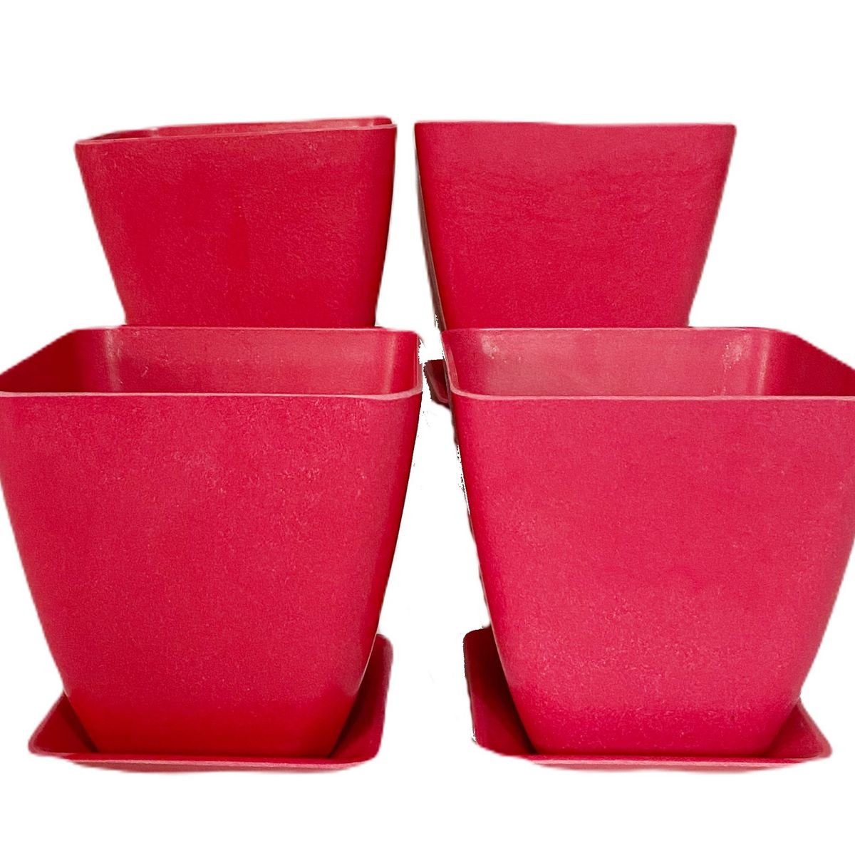 DECOGREEN - SET DE 4 MACETAS BIODEGRADABLES CON PLATO CUADRADO CORAL