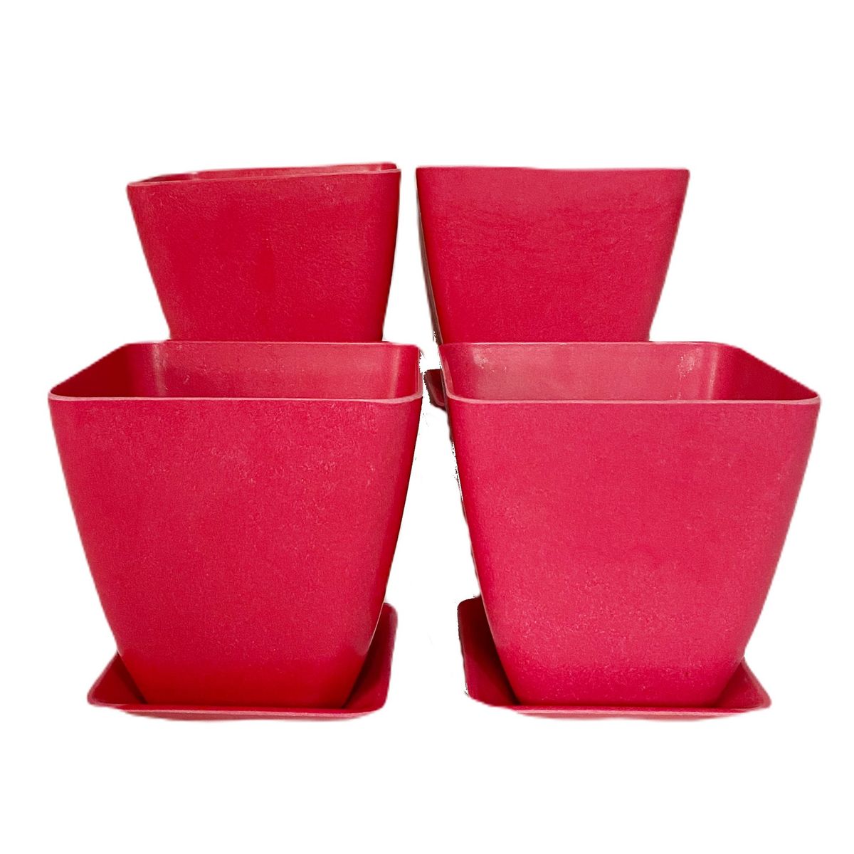 DECOGREEN - SET DE 4 MACETAS BIODEGRADABLES CON PLATO CUADRADO CORAL