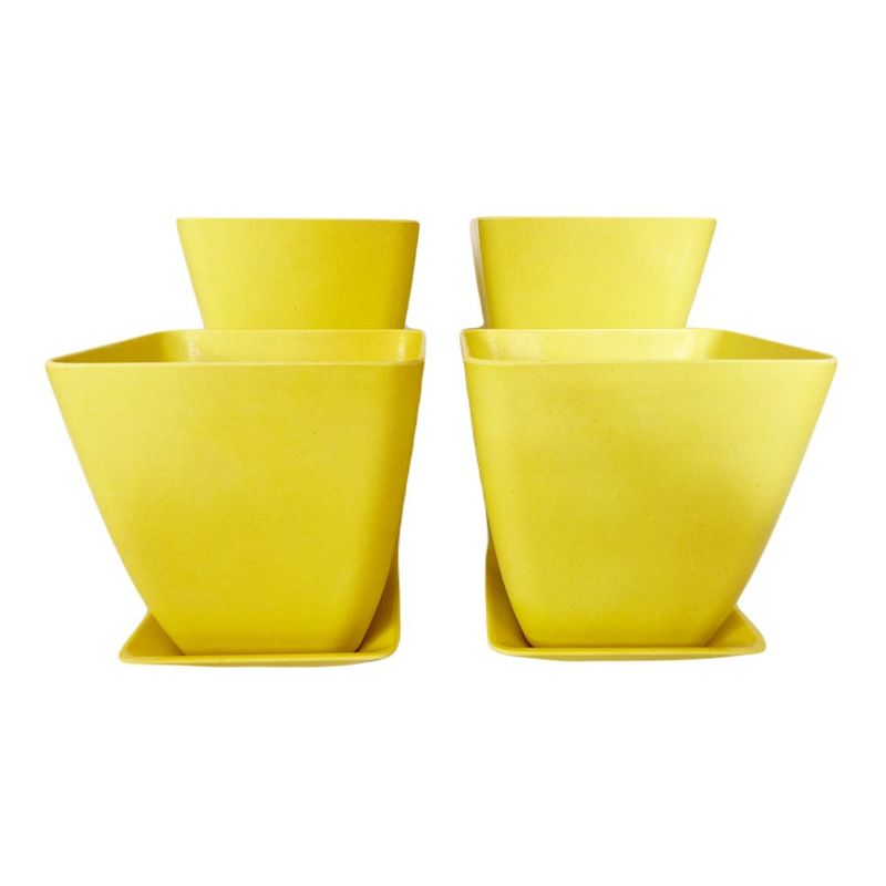 DECOGREEN - SET DE  4 MACETAS BIODEGRADABLES CON PLATO CUADRADO AMARILLO