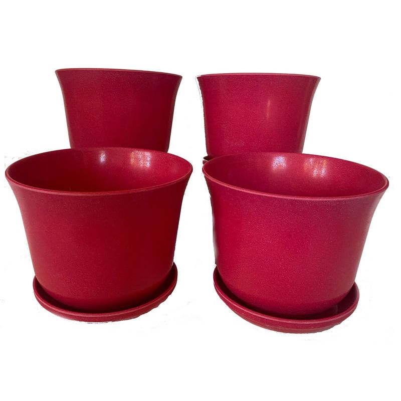 DECOGREEN - SET DE 4 MACETEROS BIODEGRADABLES CURVOS ROJO CON PLATO