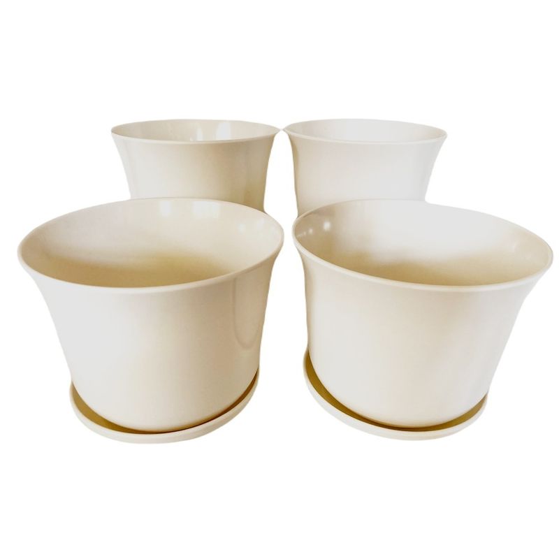 DECOGREEN - SET 4 MACETEROS BIODEGRADABLES CURVOS BLANCOS CON PLATO