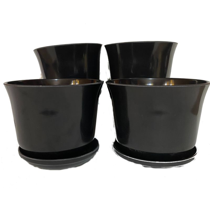 DECOGREEN - SET DE 4 MACETEROS BIODEGRADABLES CURVOS NEGROS CON PLATO