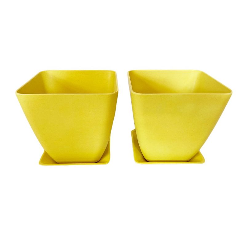 DECOGREEN - SET 2 MACETEROS BIODEGRADABLES CON PLATO CUADRADO AMARILLO
