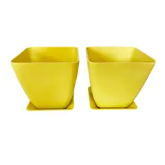 DECOGREEN - SET 2 MACETEROS BIODEGRADABLES CON PLATO CUADRADO AMARILLO