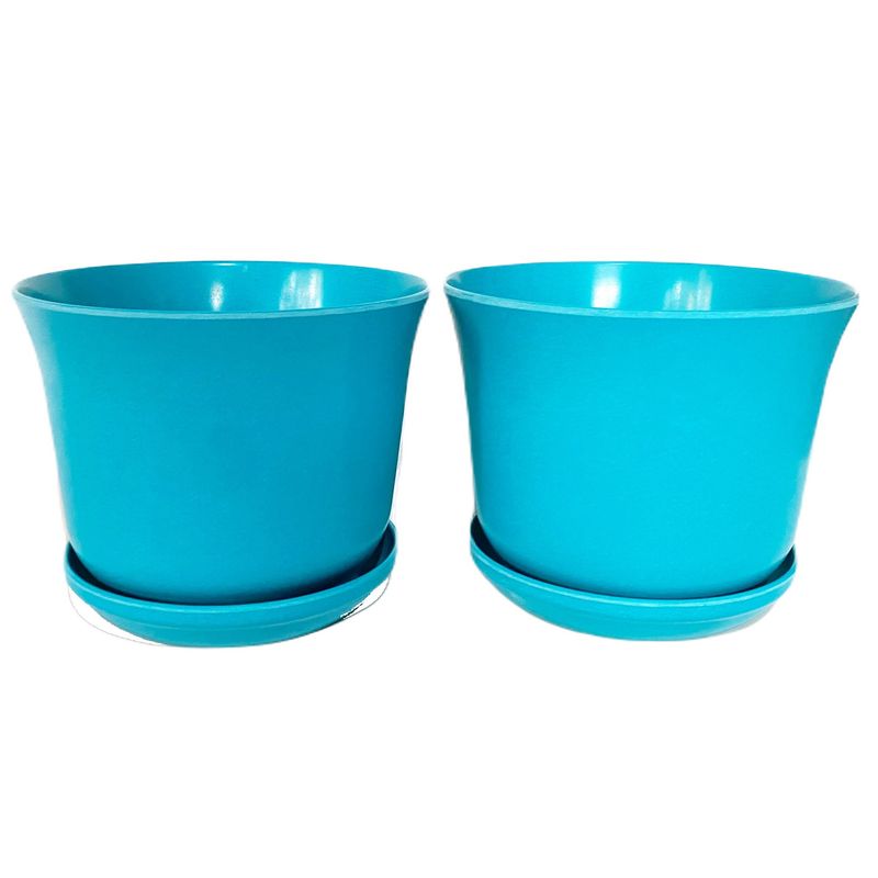 DECOGREEN - SET 2 MACETEROS BIODEGRADABLES CURVOS TURQUESA CON PLATO