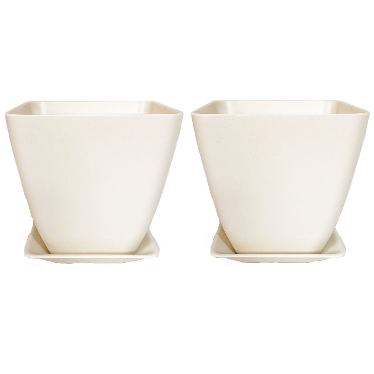 DECOGREEN - SET 2 MACETEROS BIODEGRADABLES  CON PLATO CUADRADO BLANCO