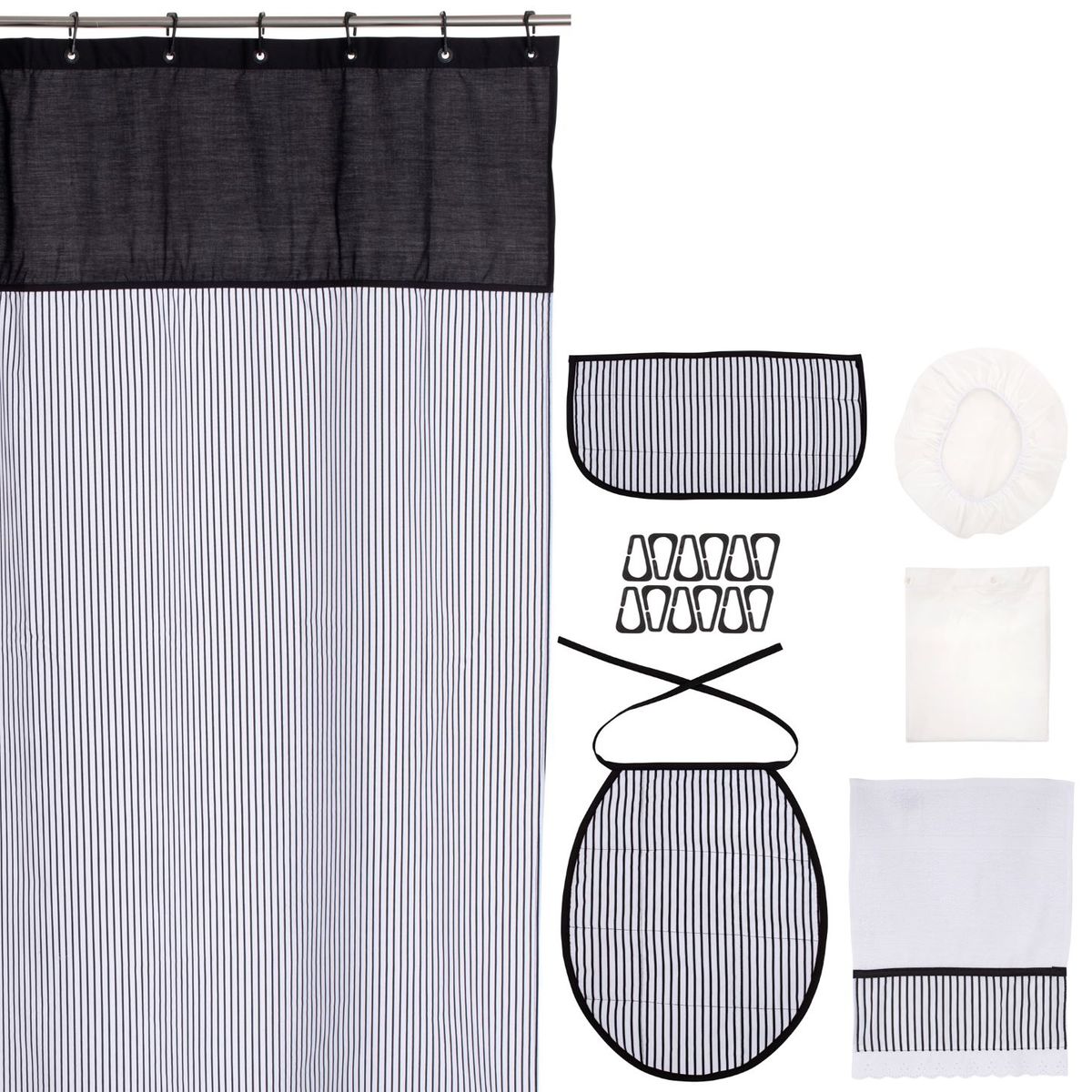 GENTILE - Cortina y Set de baño 7 piezas 180 x 180 cms negro líneas negras