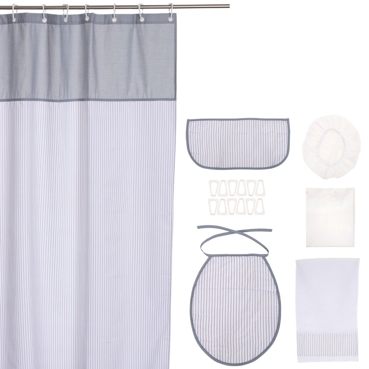 GENTILE - Cortina y Set de baño 7 piezas 180 x 180 cms gris líneas grises