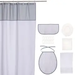 GENTILE - Cortina y Set de baño 7 piezas 180 x 180 cms gris líneas grises