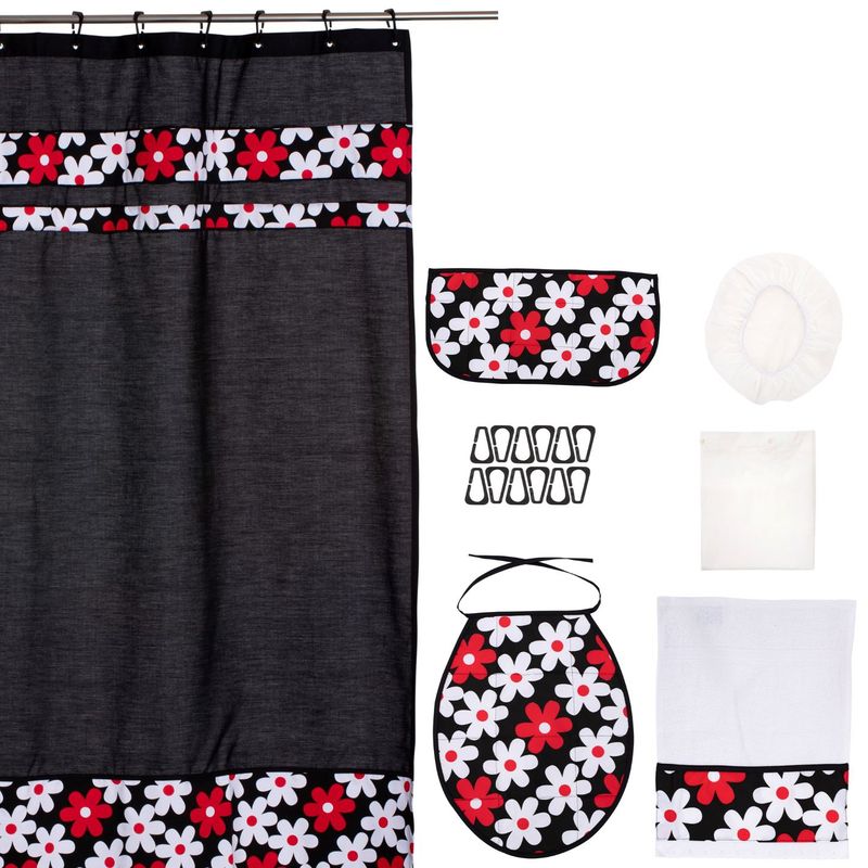 GENTILE - Set Baño 7 piezas negro flores blancas y rojas