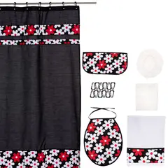 GENTILE - Set Baño 7 piezas negro flores blancas y rojas