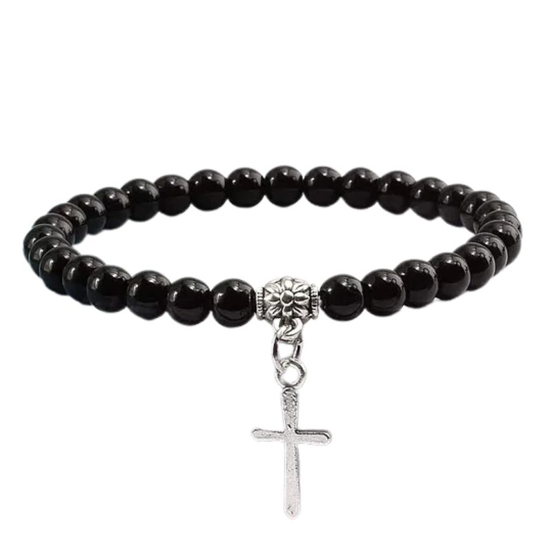 GENERICO - Pulseras Piedra Volcánica Color Negro con Cruz Colgante de Acero