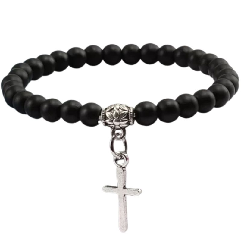 GENERICO - Pulseras Piedra Volcánica Color Negro con Cruz Colgante de Acero
