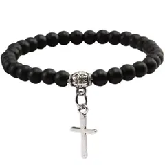 GENERICO - Pulseras Piedra Volcánica Color Negro con Cruz Colgante de Acero