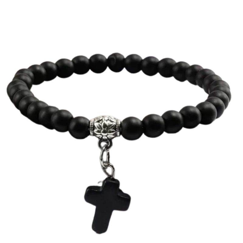 GENERICO - Pulseras Piedra Volcánica Color Negro con Cruz Colgante
