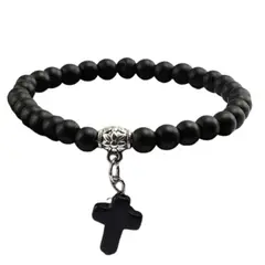 GENERICO - Pulseras Piedra Volcánica Color Negro con Cruz Colgante
