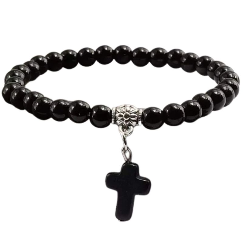 GENERICO - Pulseras Piedra Volcánica Color Negro con Cruz Colgante Brillante