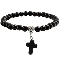 GENERICO - Pulseras Piedra Volcánica Color Negro con Cruz Colgante Brillante