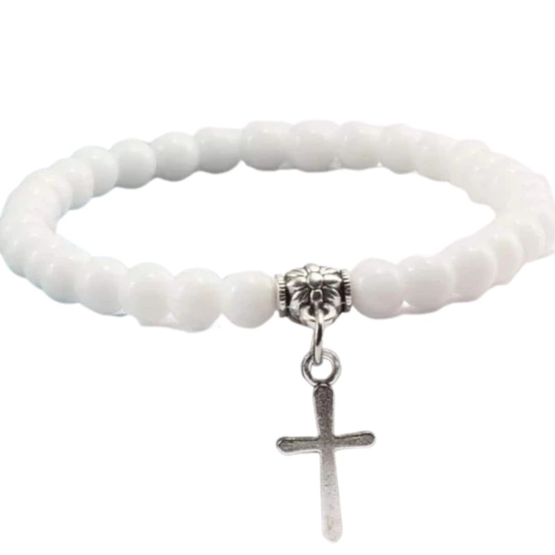 GENERICO - Pulseras Piedra Volcánica Color Blanco con Cruz Colgante de Acero