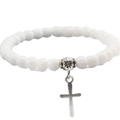 GENERICO - Pulseras Piedra Volcánica Color Blanco con Cruz Colgante de Acero