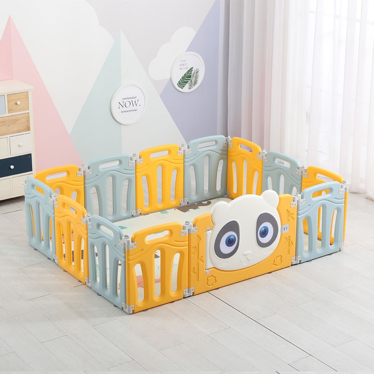 BABYLUNA - Corral de juego para bebés Gris modelo Panda 14 piezas