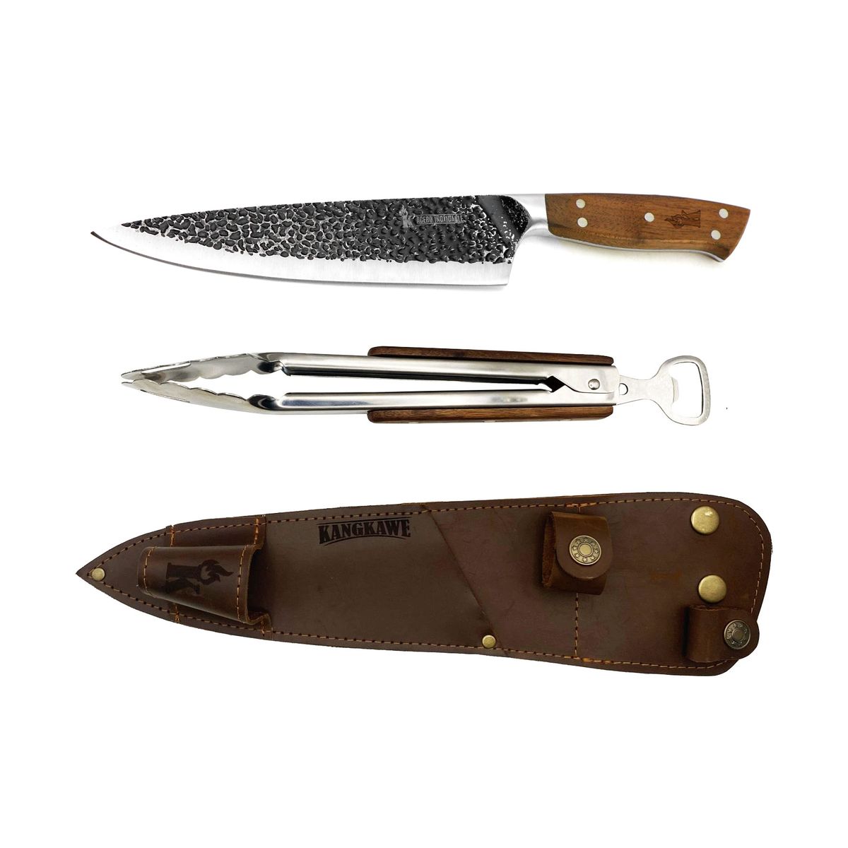 KANGKAWE - CUCHILLO CURACAVI + TENAZA CON FUNDA DE CUERO CAFÉ