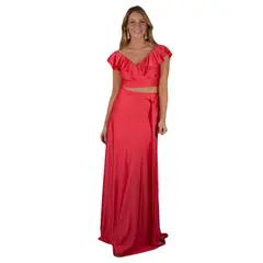 MARIA PASKARO - Conjunto Marken Coral Lycra Falda Lazo - Coral