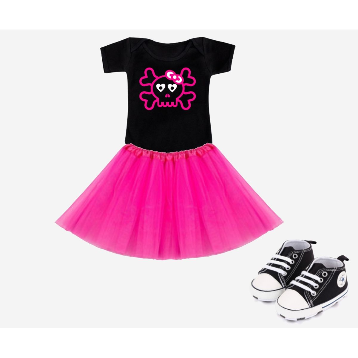 GENERICO - Conjunto Rockero Bebé Body Tutú Rock Zapatilla Calavera Bandas Rock