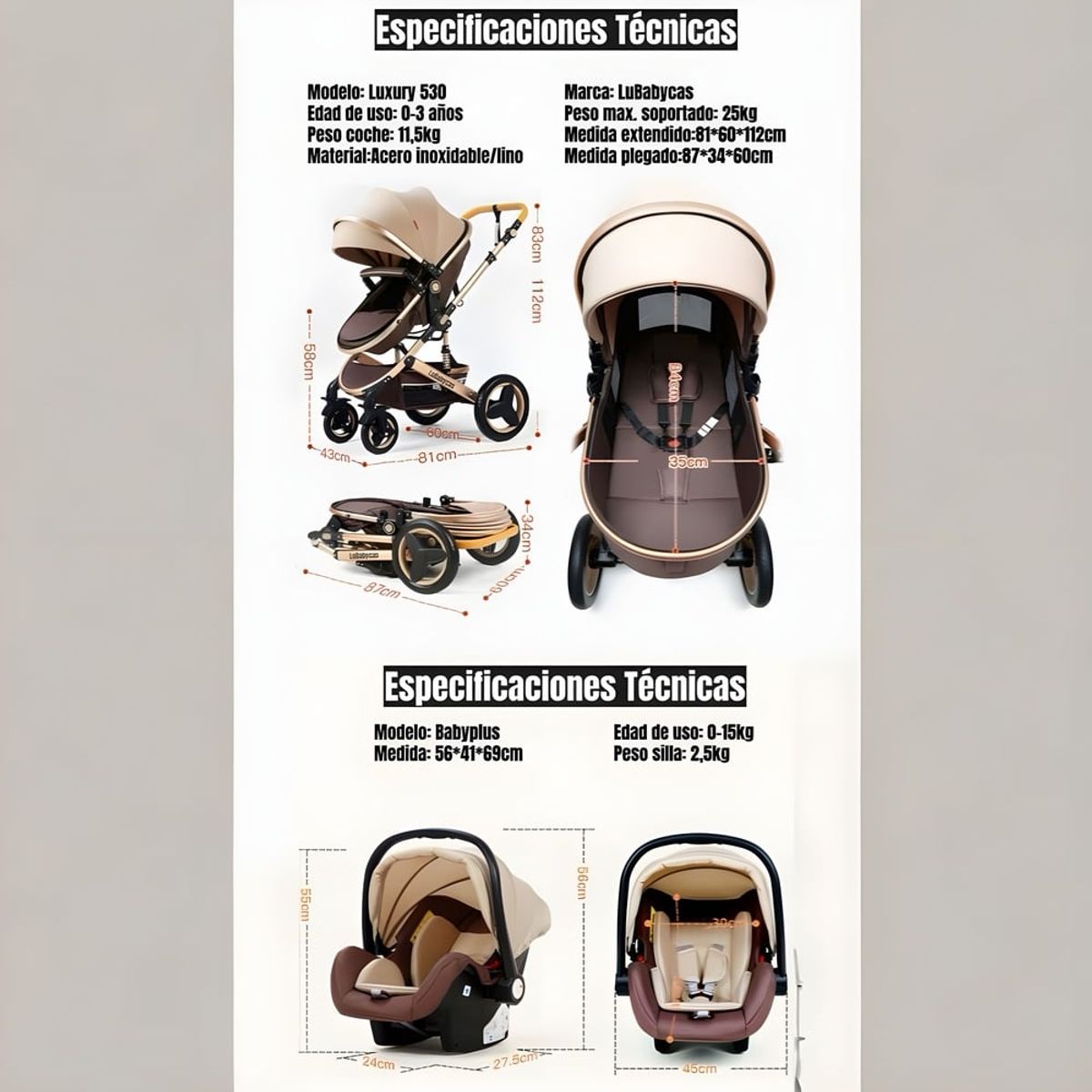 LUBABYCAS - Coche Travel System Con Accesorios Rosado LuBabycas