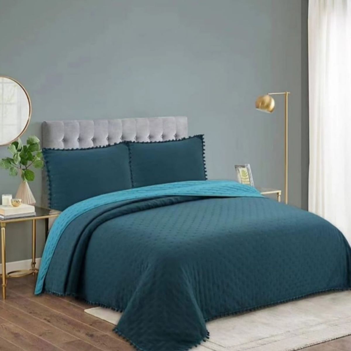 GENERICO - Cobertor de Verano Reversible 2 Plazas 100% Algodón - Petroleo y Turquesa