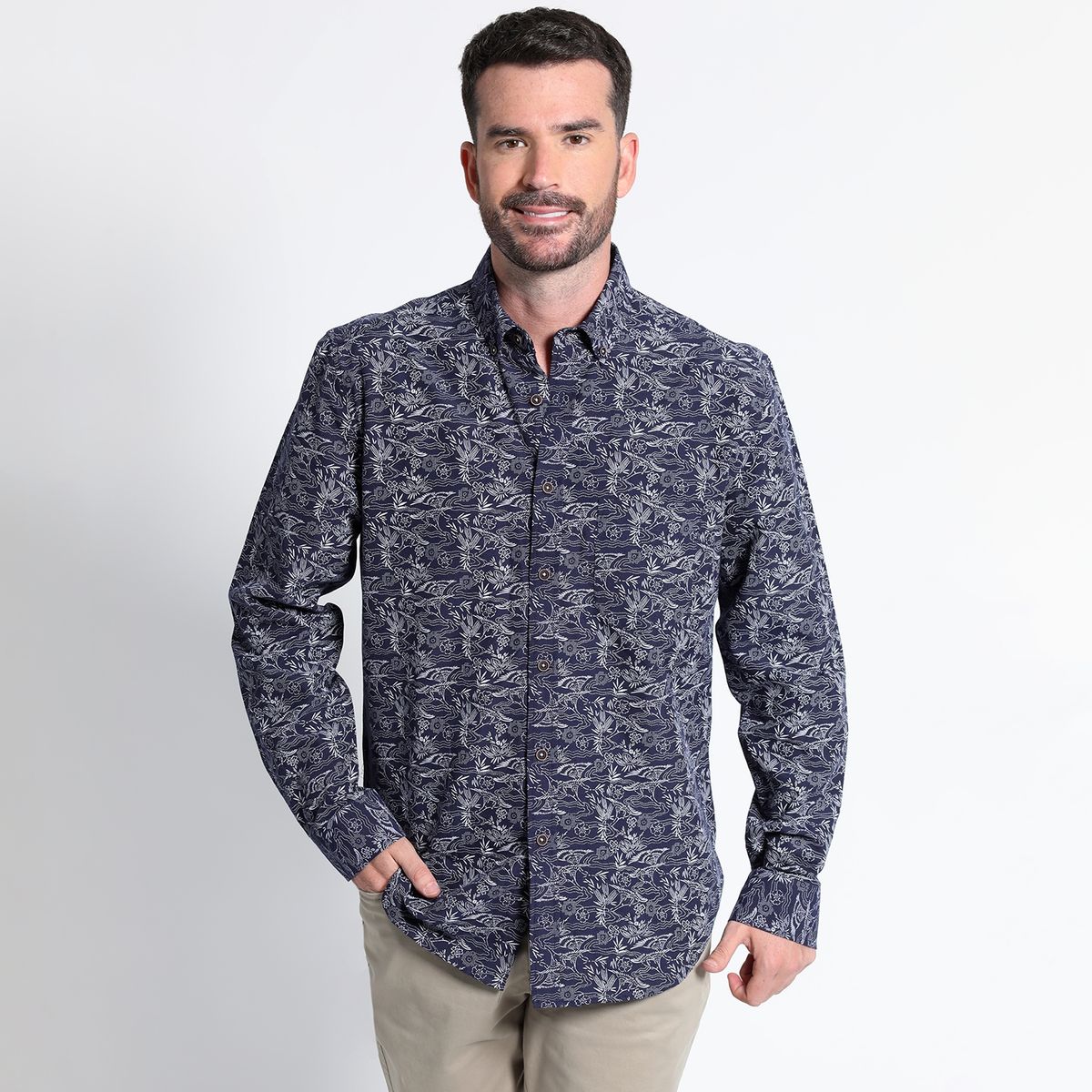 KOTTING - Camisa Oxford Estampada Manga Larga Slim Fit KOTTING