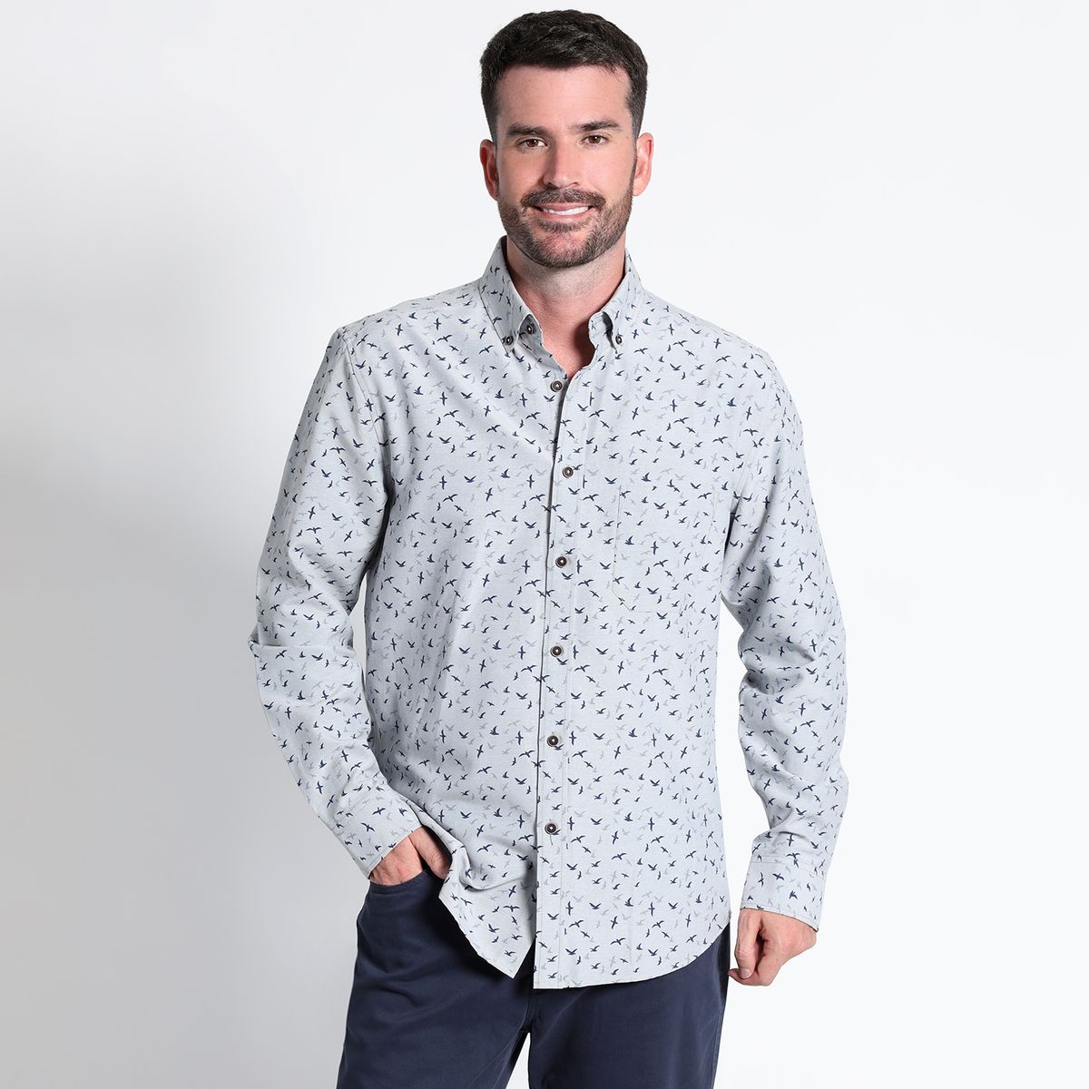 KOTTING - Camisa Oxford Estampada Manga Larga Slim Fit KOTTING