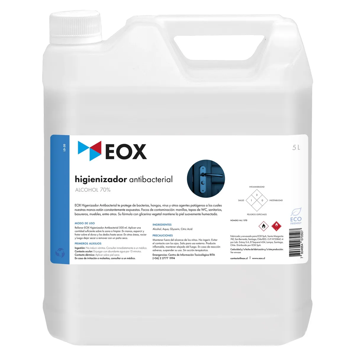 GENERICO - Higienizador Antibacterial Alcohol 70% Con Glicerina Eox 5 L