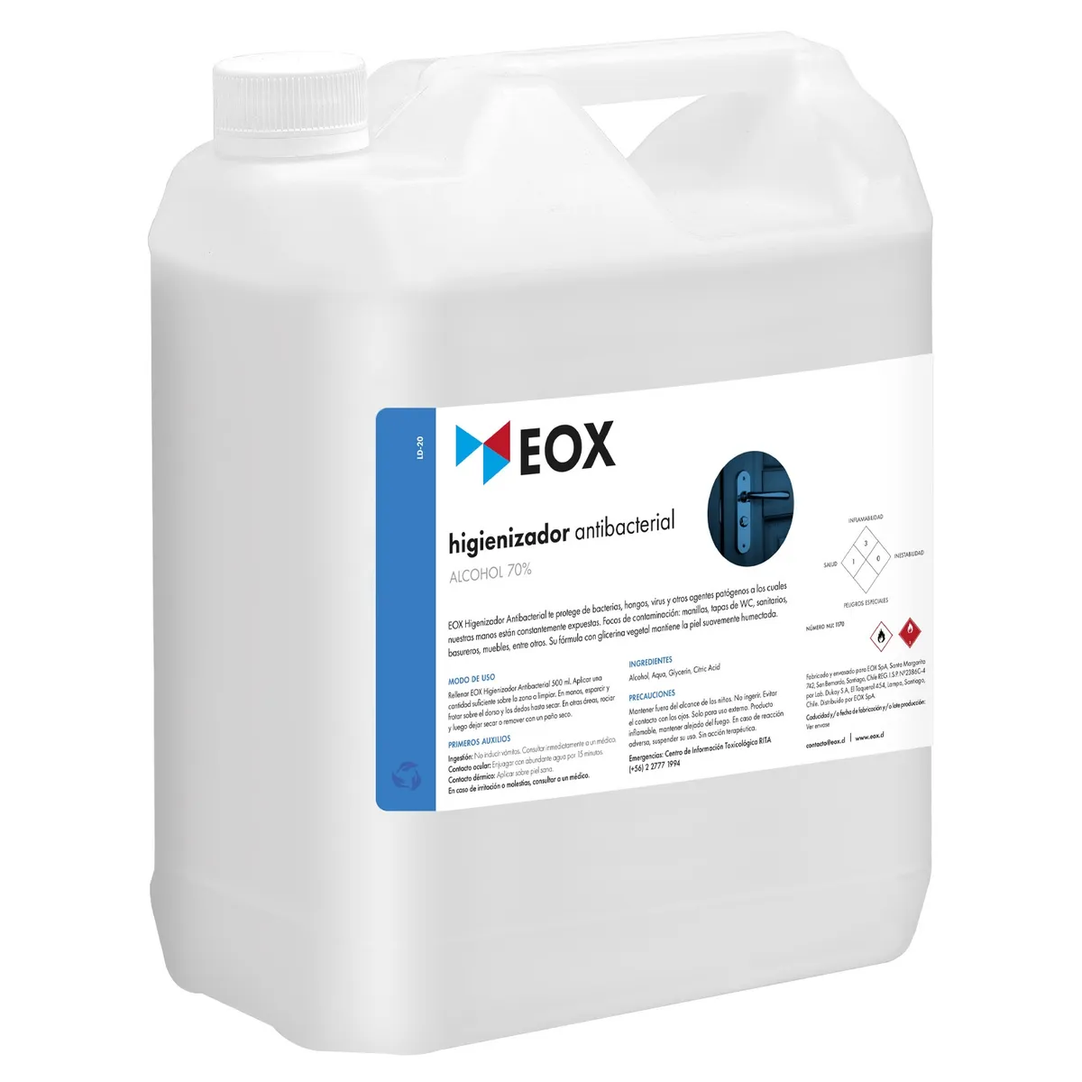 GENERICO - Higienizador Antibacterial Alcohol 70% Con Glicerina Eox 5 L