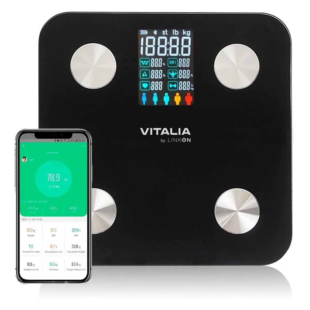 VITALIA TECHNOLOGY - Balanza Pesa Digital Baño Bluetooth App Inteligente Vitalia