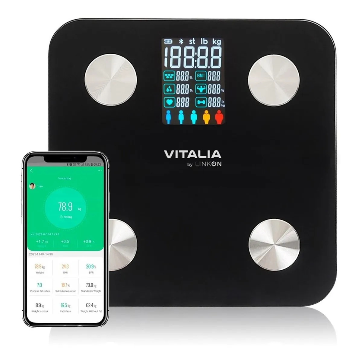 VITALIA TECHNOLOGY - Balanza Pesa Digital Baño Bluetooth App Inteligente Vitalia