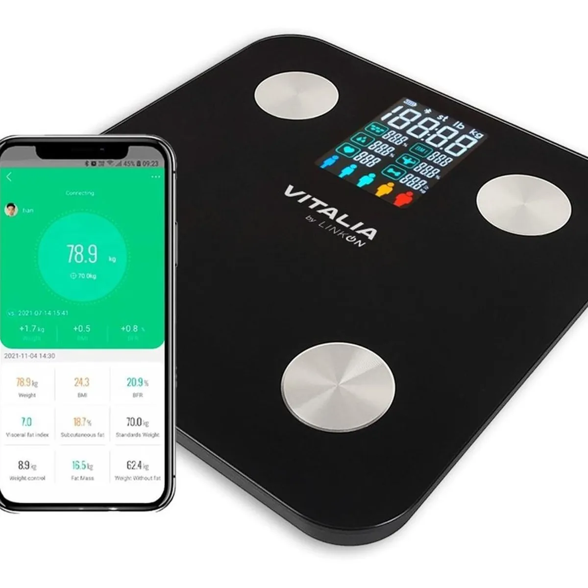 VITALIA TECHNOLOGY - Balanza Pesa Digital Baño Bluetooth App Inteligente Vitalia