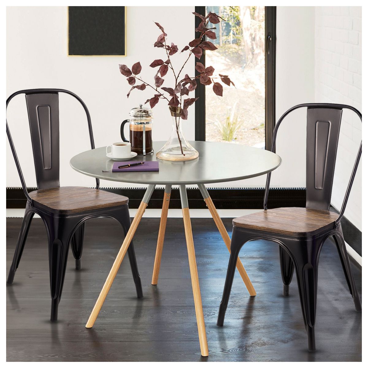 NOVAHUS - Pack 4 Silla Tolix Vintage Con Asiento De Madera Negro