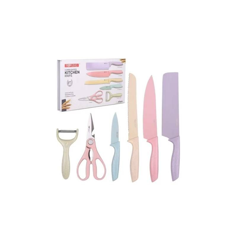 GENERICO - Set Cuchillos De Acero Inoxidable 6 Piezas Con Tijera De Cocina
