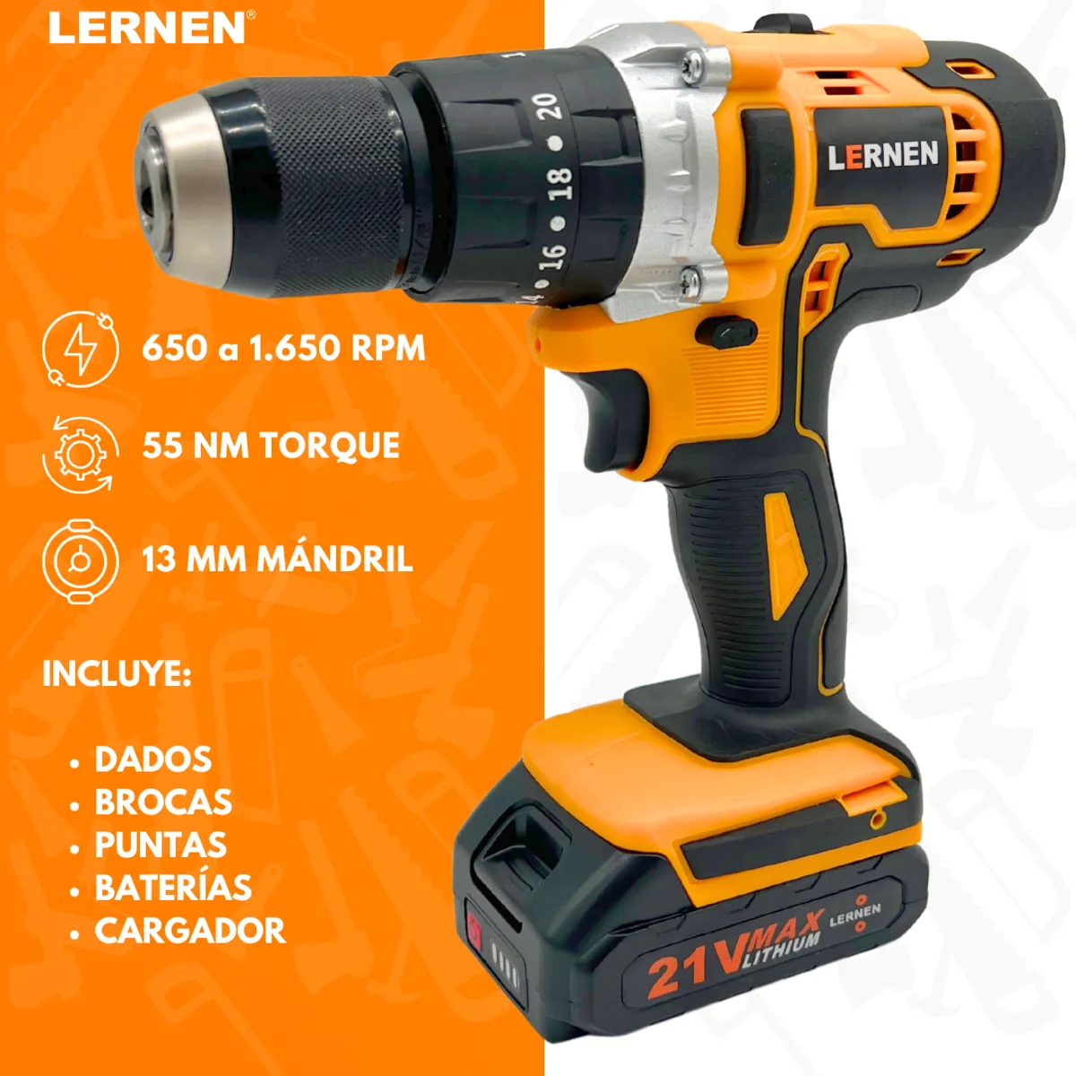 LERNEN - Taladro Inalámbrico Percutor Pro + 2 Baterías 13 Mm