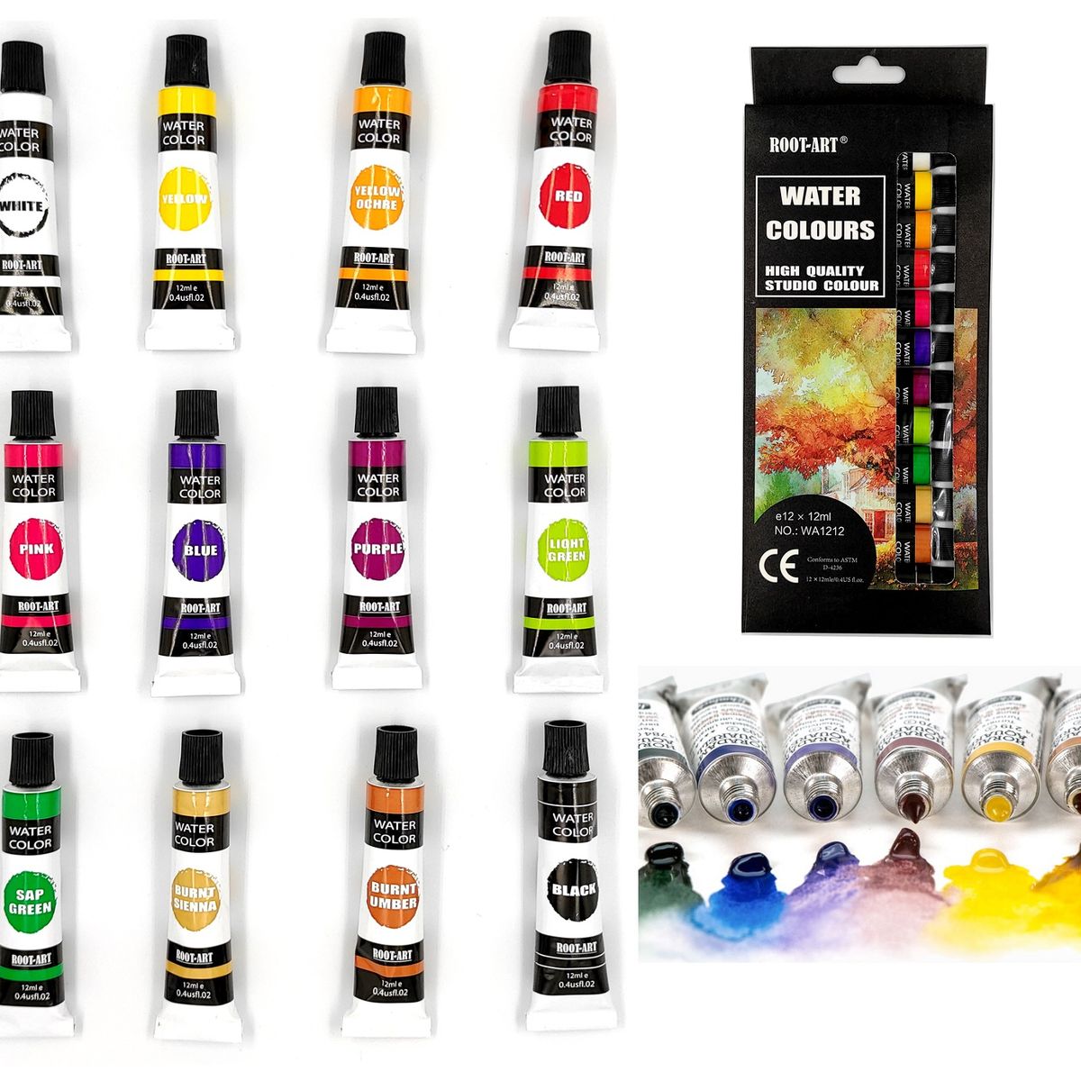 GENERICO - Set De Pinturas Acuarela En Pomo Tubo 12 Colores 12ml C/u