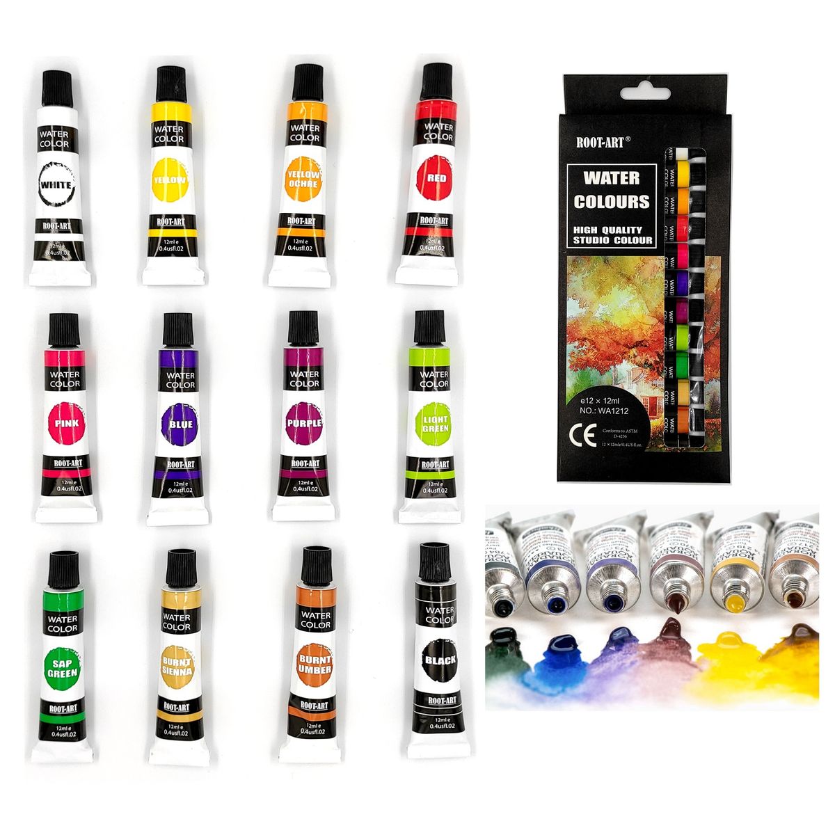 GENERICO - Set De Pinturas Acuarela En Pomo Tubo 12 Colores 12ml C/u